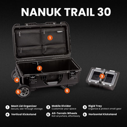 NANUK Trail 30 – 28.5L (7.5-Gallon) Waterproof Storage Box – Wheeled and Modular Cargo Case for Camping, Fishing, Hunting & Outdoor Storage - Dustproof and Impact Resistant (22" x 14" x 9") – Black