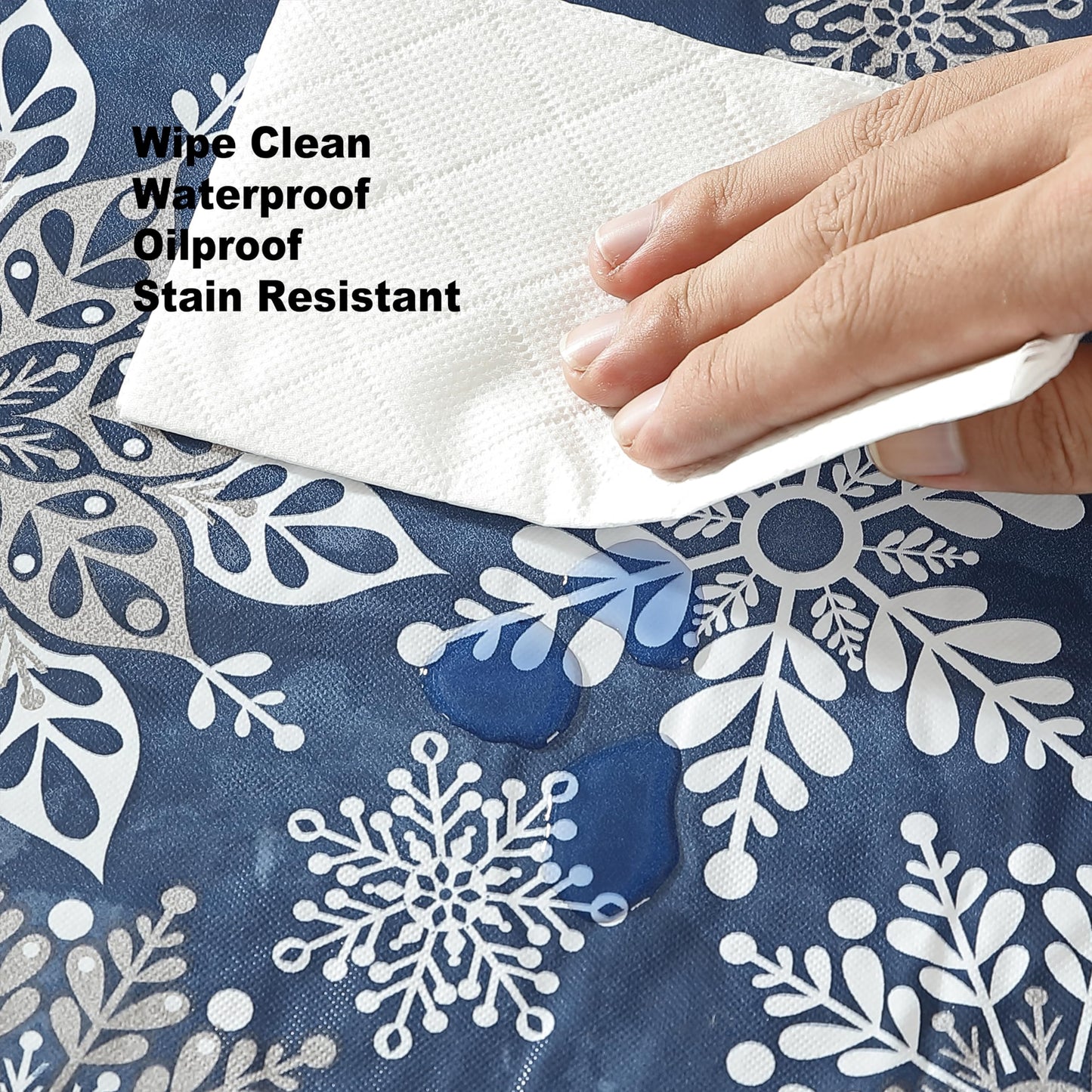 Newbridge Christmas Navy Winter Snowflake 70 Inch Round Vinyl Tablecloth with Flannel Backing – Sparkling Silver Holiday Print Easy-Care Wipe Clean Table Cover