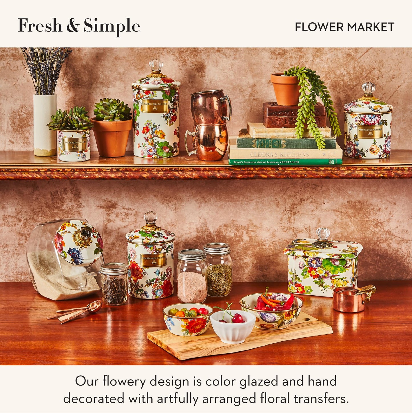 MACKENZIE-CHILDS Enamel Canister, Versatile Kitchen Storage Container for Flour and Sugar, Large, 64-Ounce Capacity, White Flower Market