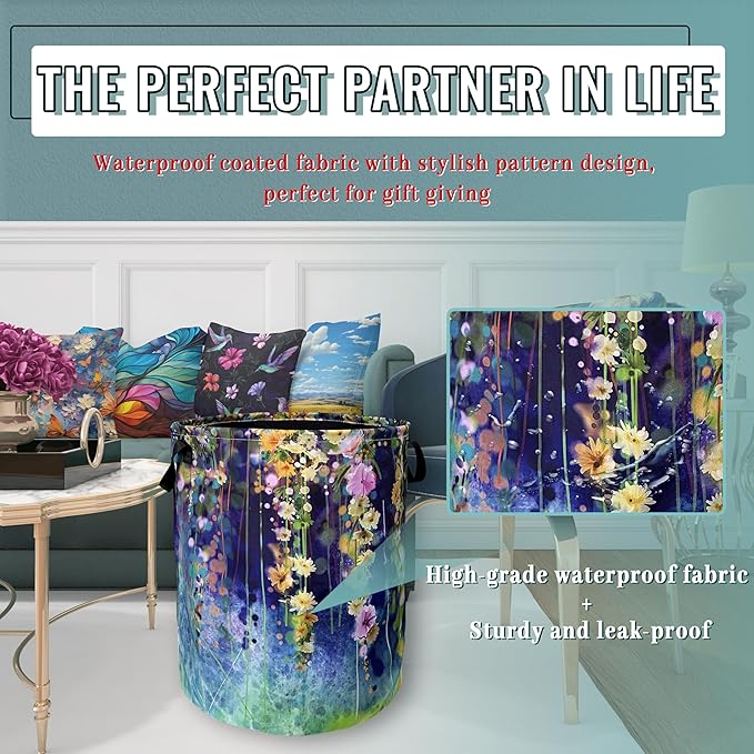 Beautiful Blue Green Floral Laundry Basket Foldable