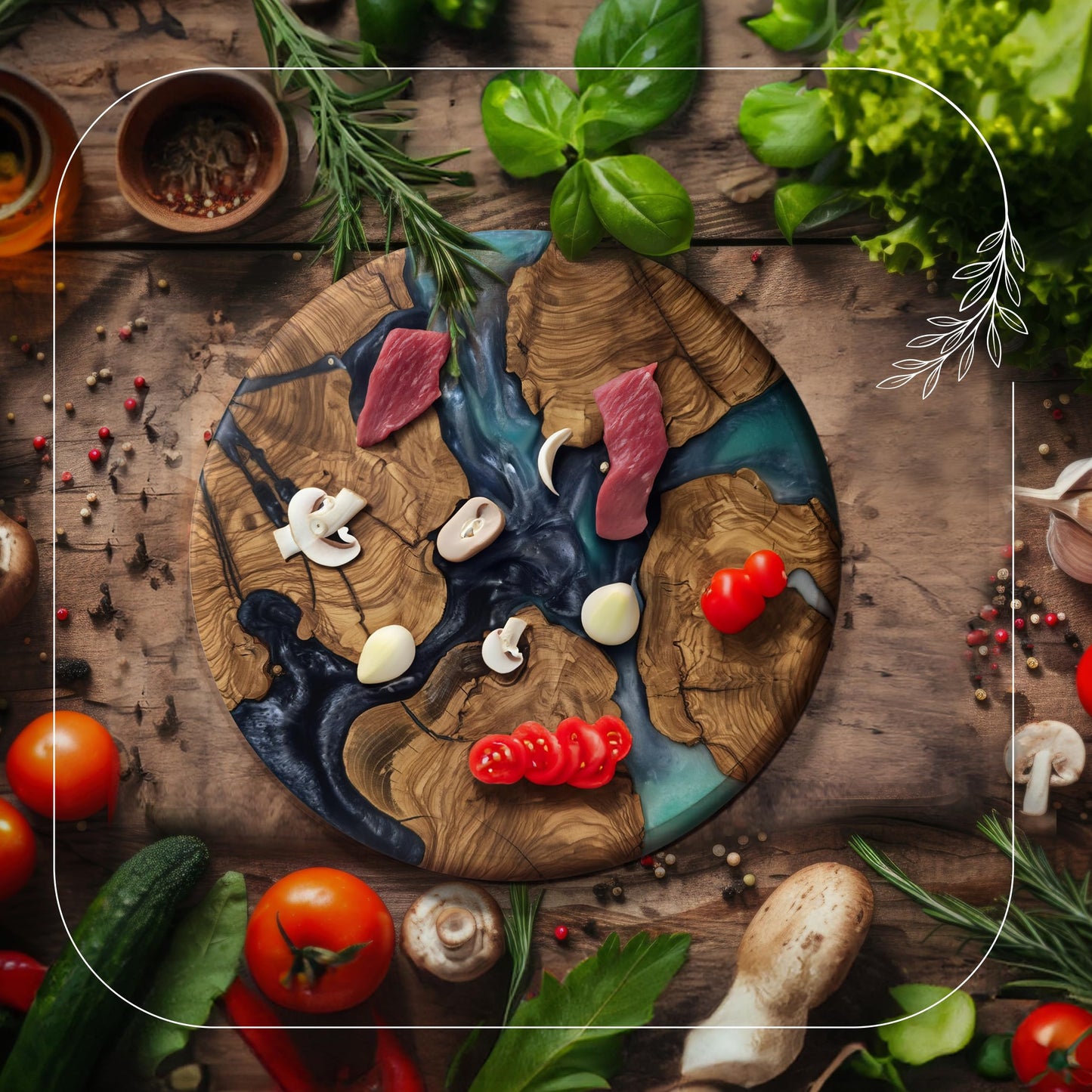 Handmade Olive Wood Round Resin Cheese & Charcuterie Board – Circular Decorative Epoxy Cutting Board with Unique Blue Resin Artwork, Ocean Oasis Design