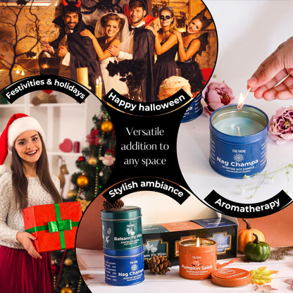 Balsam Fir Pine, Pumpkin Spice, Nag Champa - Soy Candles Non Toxic - Highly Scented Long Lasting with Essential Oils - Variety Pack of 3 x 5oz - for Home Aromatherapy Meditation Gift Travel