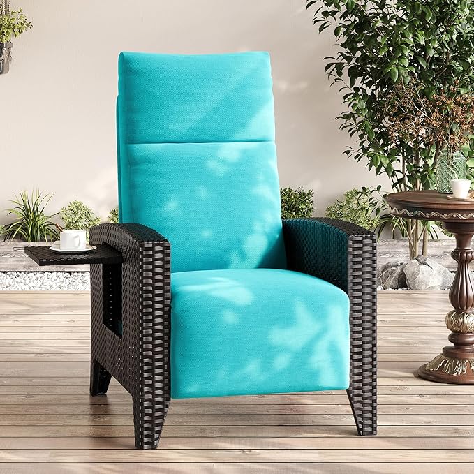 IDEALHOUSE Wicker Outdoor Recliner Reclining Patio Chairs with Adjustable Back & Footrest 150° Lay-Flat Reclining with Air Pump Rattan Flip-Up Side Table Outdoor Lounge Chairs for Pool Deck Balcony