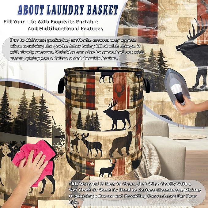 Deer Laundry Basket Portable Oxford Cloth Funny Retro Forest Animal Bears