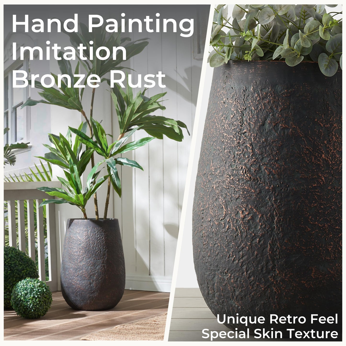 Wallowa 20" H Weathered Concrete Tall Planter, Black Large Outdoor Indoor Decorative Flower Pot with Drainage Hole, Modern Round Style for Home, Garden, Patio, Courtyard, Bronze Rust with Green Tone