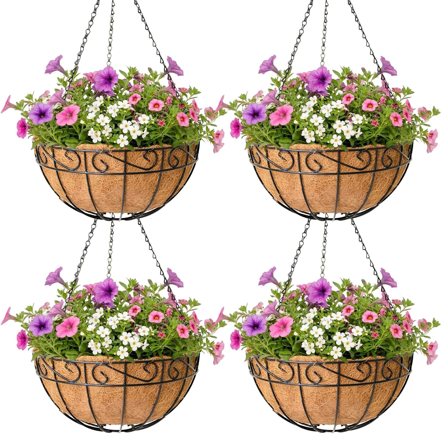 4 Pack Hanging Planter for Outdoor Plants 14 inch Metal Hanging Flower Basket with Coco Coir Liner Round Wire Plant Holder Chain Flower Pots Outdoor Garden Decoration Watering Hanging Baskets（HB）