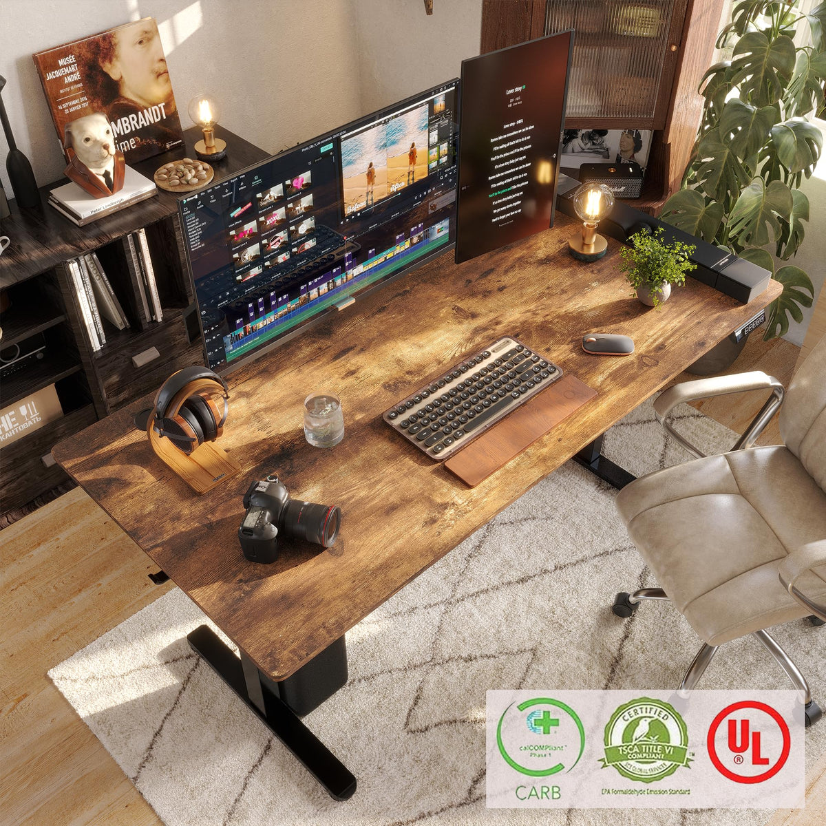 Monomi Electric Standing Desk, 63 x 28 inches Height Adjustable Ergonomic Home Office Sit Stand Up Desk with Memory Preset Controller (Rustic Brown Top/Black Frame)