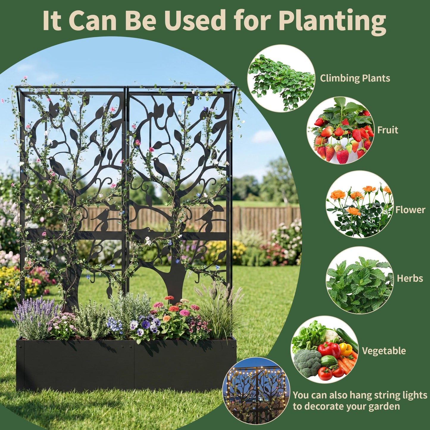 Furtivusia Metal Planter Box with Trellis, Tall Raised Garden Bed for Patio, Outdoor Privacy Planters for Climbing Plants, Vegetables, Fruits, Balcony, Outside, 62.4 x 12.2 x 44.6 Inch, Black