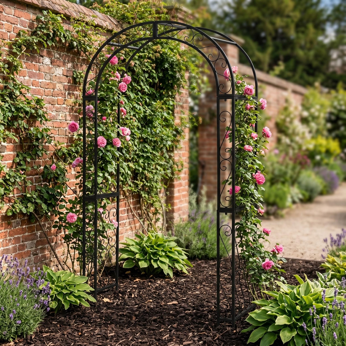 SCENDOR 48.8" W x 83.8" H Garden Arch, Black Sturdy Metal Iron Arbor, Courtyard Cast Trellis for Various Climbing Plant, Outdoor European-Style Archway Wedding Ceremony Party