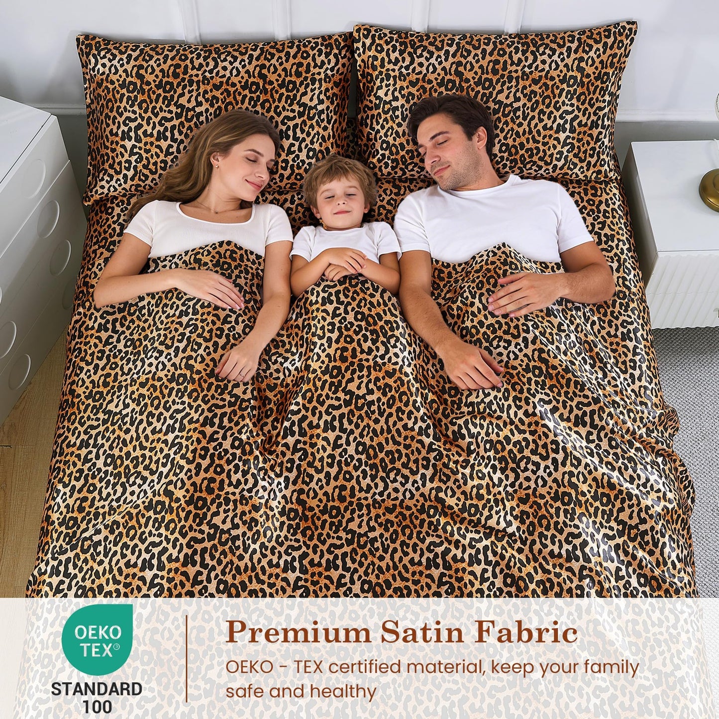 lasoftan Leopard Print Satin Sheets Queen, Silky Animal Printed Fitted Bed Sheet with 15" Deep Pocket & Non-Slip Straps, Luxury Hotel Satin Summer Cooling Sheets & Pillowcase Set, Yellow