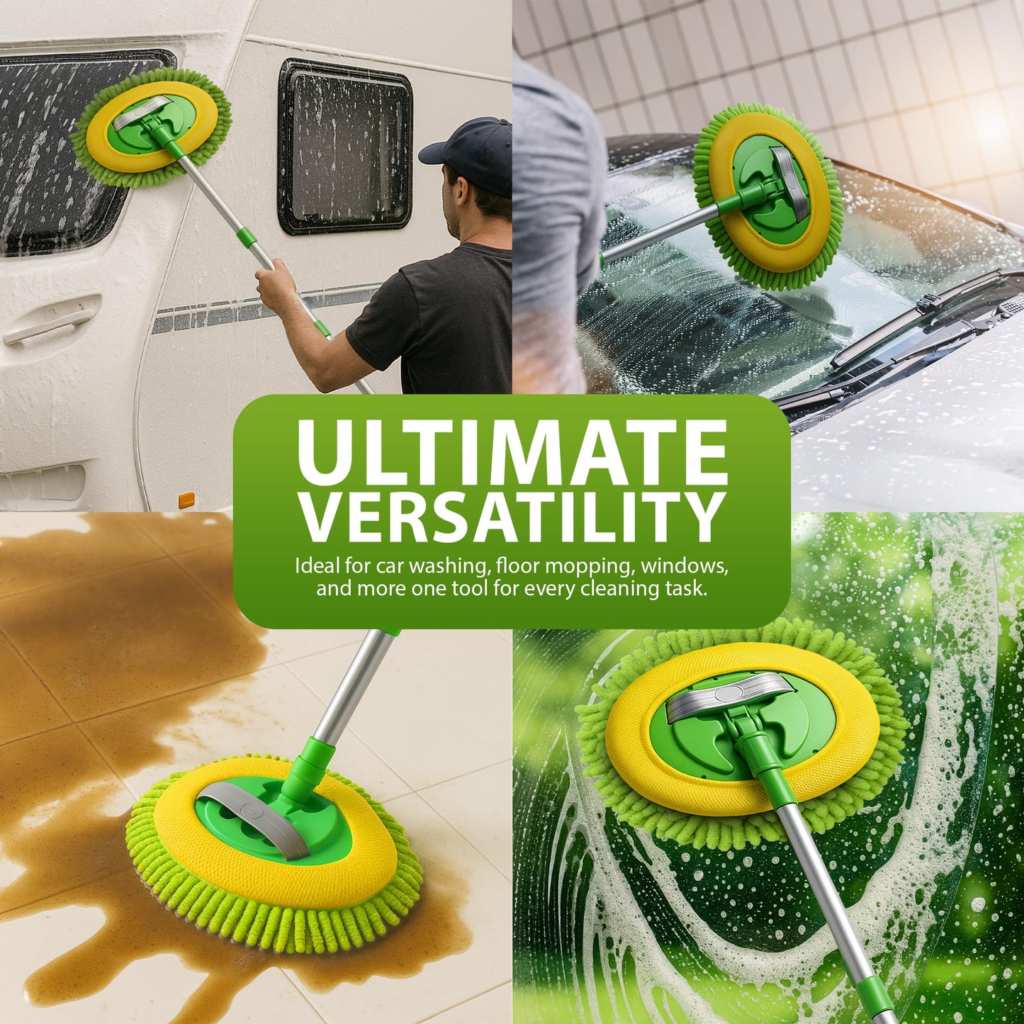 ZENO Car Cleaning Brush | Car Wash Brush | Microfibre Mop with Mittens | Car Washing Brush | Car Wash Kit for Cleaning Van Truck Caravan | Scratch Free 2 x Mop Heads | 1 x Extendable Pole 53-104cm