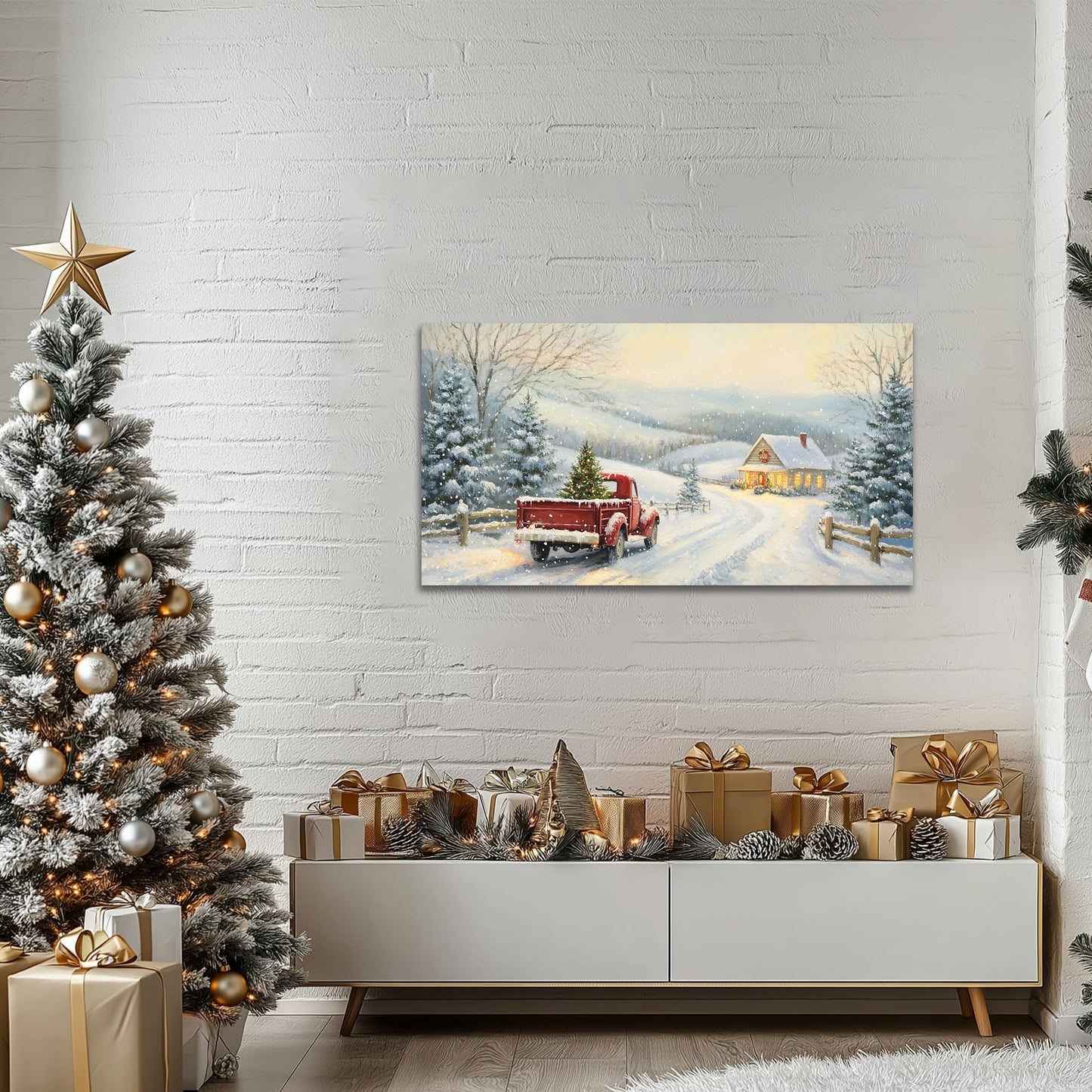 GUTTATY Christmas Canvas Wall Art, Santa Red Truck Winter Snow Scene Canvas Painting, Christmas Wall Decor Artwork, Christmas Hanging Prints Poster for Living Room, Family Home, Indoor, 32x16 Inch