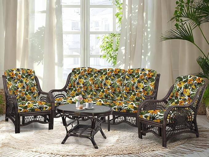 Malibu Lounge Set of 4: 2 Natural Rattan Wicker Chairs, Three-Seater Sofa