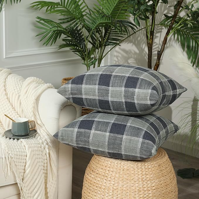Stellhome Pack of 2 Linen Buffalo Check Throw Pillow Covers, Farmhouse Plaid