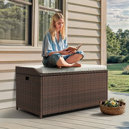YITAHOME Outdoor Storage Bench, 70 Gallon PE Rattan Patio Storage Bench w/Handles and Soft Cushion,Outdoor Storage Box for Patio, Yard, Lawn, Garden