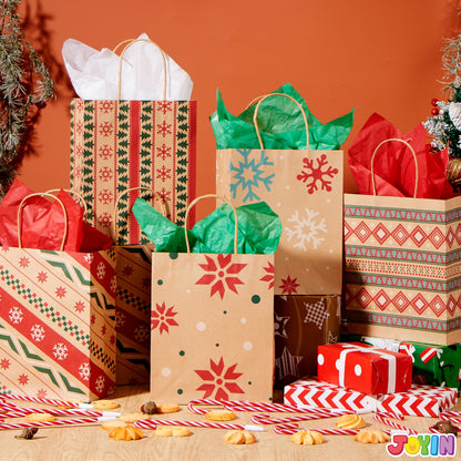 JOYIN 48 PCS Christmas Kraft Gift Bags 7" x 9" x 3.5" for Gifts Party Supplies Decor, Xmas Goody Treat Candy Bags for Holiday Wedding Gift Decor Classrooms and Party Favors Presents Wrapping