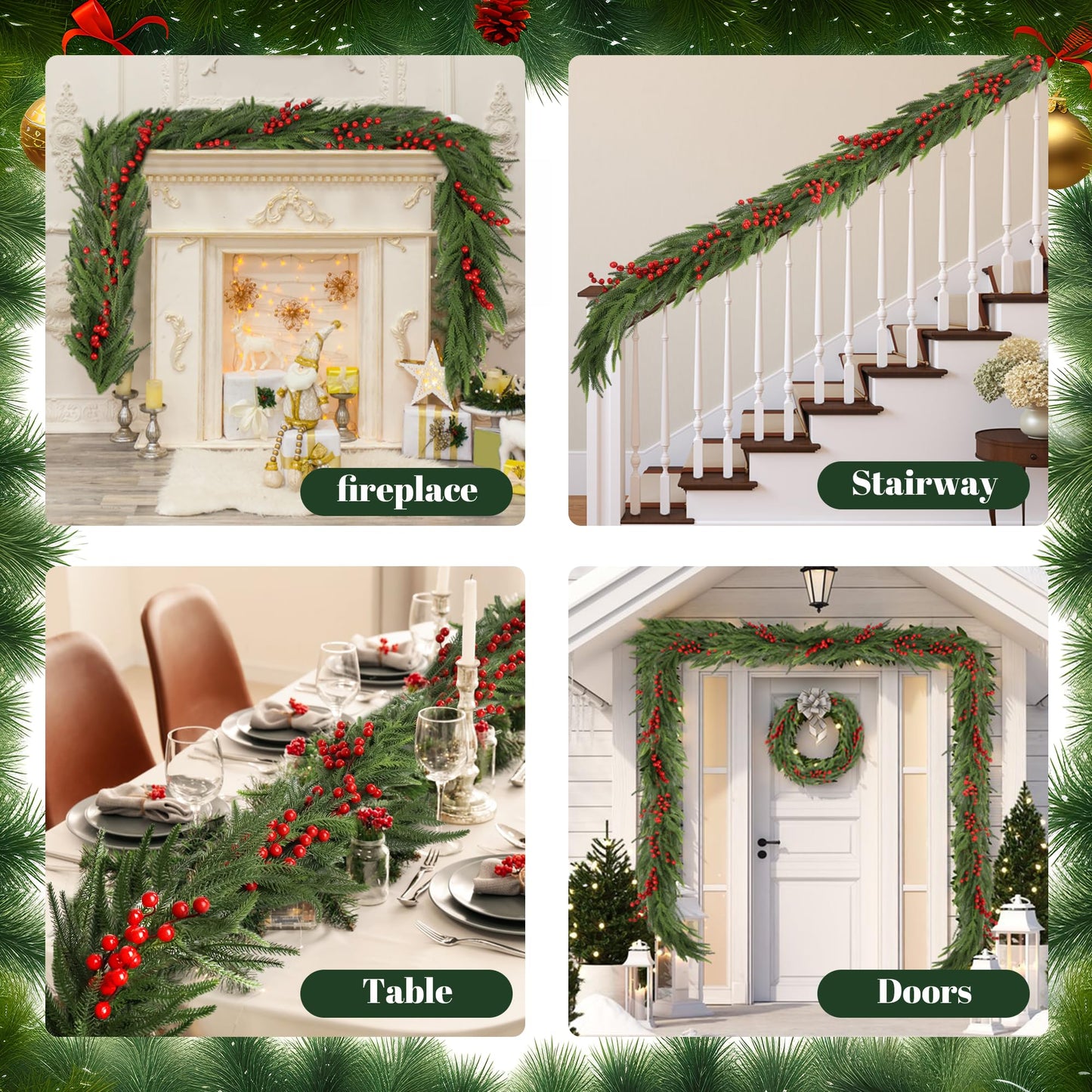 Christmas Norfolk Pine Garland,Real Touch Faux Winter Greenery Garland with Light for Stairs Table Fireplace Backdrop Wall,Christmas Holiday Seasonal Winter Decor (6ft)