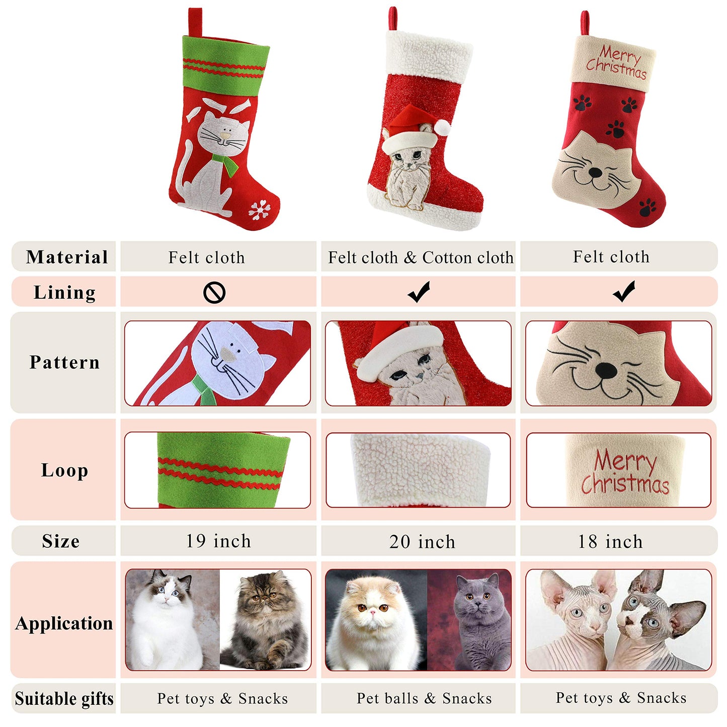 WEWILL 18’’ Cat Felt Christmas Stockings Paws Embroidered for Pets Kitty Red Xmas Stocking Gift Bag Cuff Lovely Home Holiday Decoration