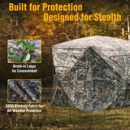 FLISSA Hunting Blind See-Through with Full-Opening Door, 2-3 Person Ground Camouflage Tent, 270 Degree, Portable and Durable 300D Reinforced Blind for Turkey, Deer, and Bear