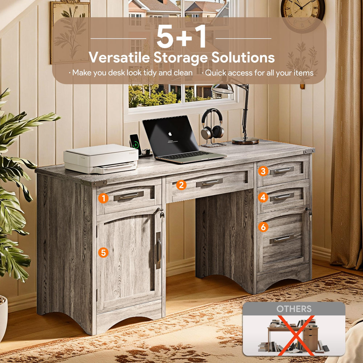 Decofy Farmhouse Executive Desk with Drawers, 55" Home Office Desks with Fast Charging Station, Lockable File Cabinet, Wood Writing Computer Desk for Work, Study, Grey