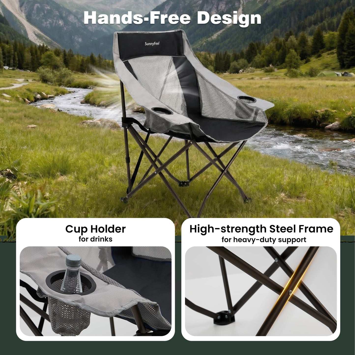 SUNNYFEEL 2 Pack Lightweight Oversized Camping Chairs for Adults Portable Folding Chair with Side Pockets & Cup Holde for Beach,Fishing,Trip,Picnic,Lawn,Concert Outdoor, Carry Bag Included