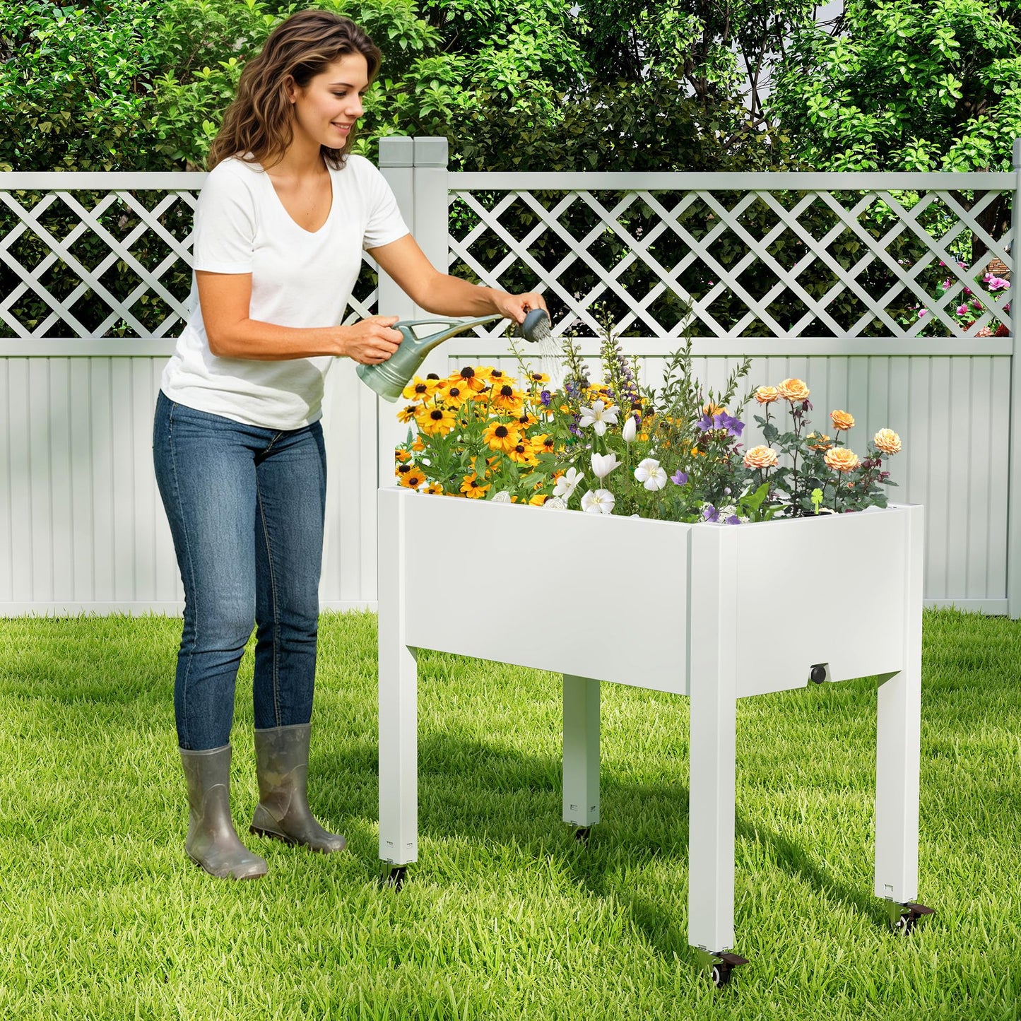 LHBGO Raised Garden Bed with Wheels - Outdoor Mobile Elevated Resin Planter Box with Drainage Holes for Vegetables Flower Herbs (1 Pack, White)