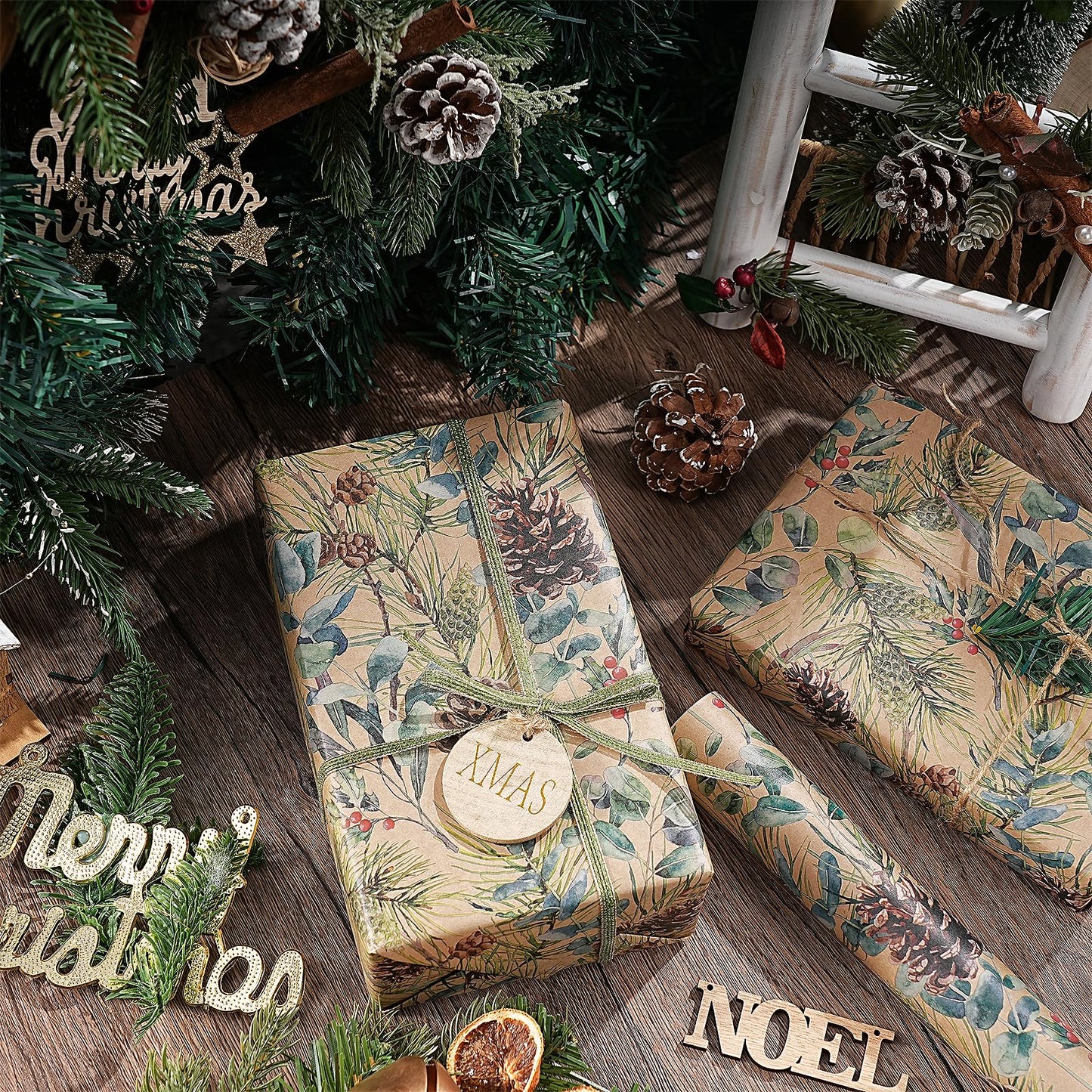 RUSPEPA Kraft Christmas Wrapping Paper Roll, Mini Roll, Watercolor Pinecone and Eucalyptus Leaf Design, Kraft Gift Wrap for Christmas, Winter Holiday Party, Rustic Natural Theme, 17 Inches x 16.4 Feet