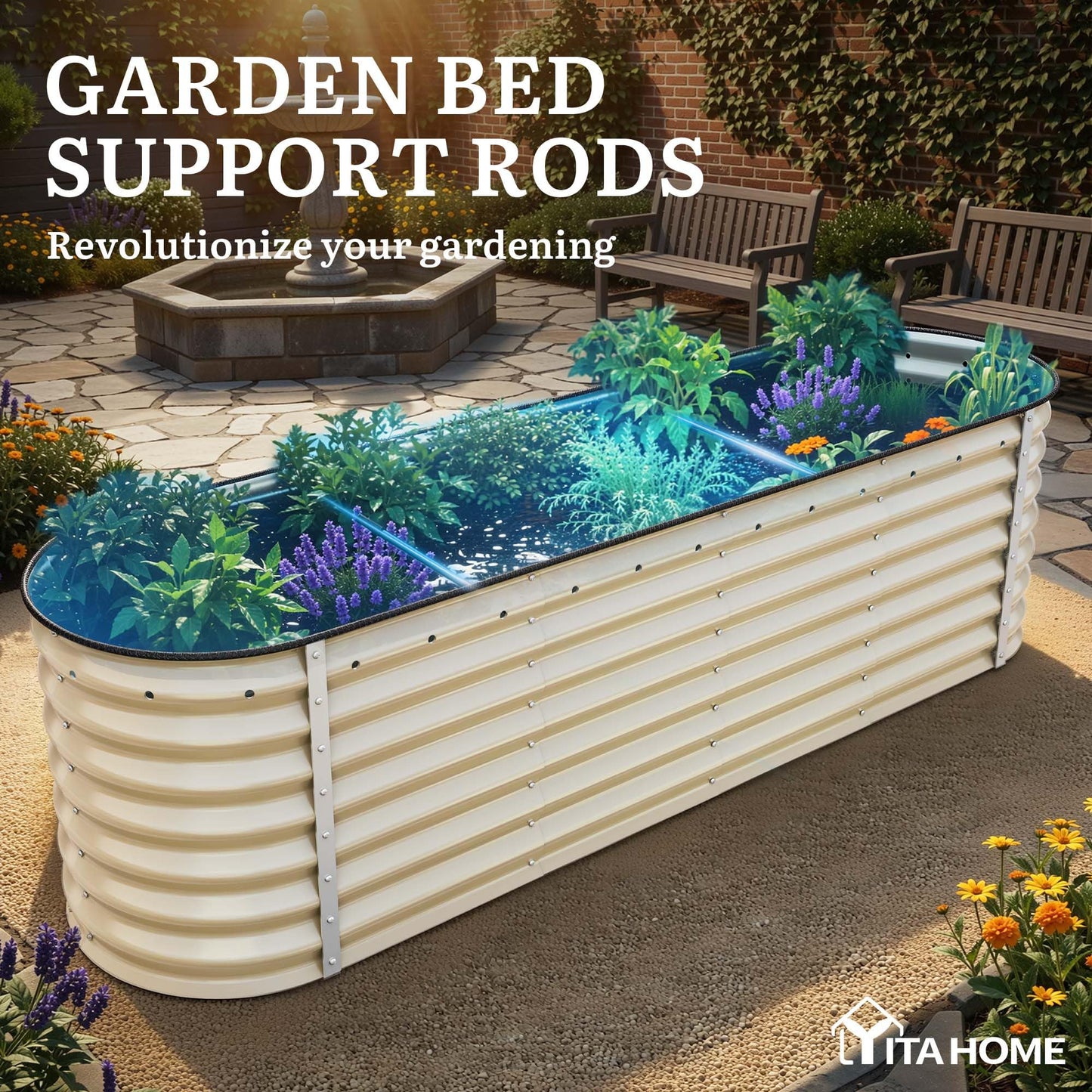 YITAHOME 8x2x2ft Large Raised Garden Bed Kit, 24" Tall 9 in 1 Galvanized Metal Planter Box with Gloves and Safety Rubber, Outdoor Above Ground Planters for Plants Vegetables Flowers, Cream Yellow