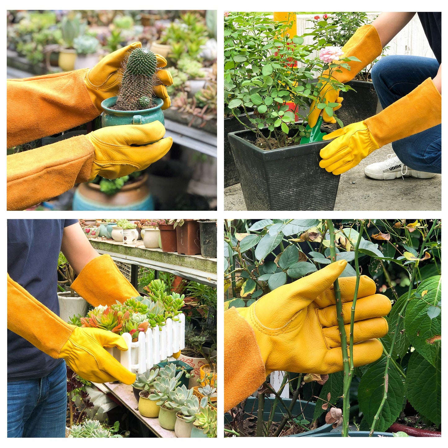 Leather Gauntlet Gardening Gloves for Women and Men, Breathable Rose Pruning Gloves with Thorn Proof Gauntlet, Long Durable Cowhide Sleeves Garden Gloves Work for Gardener and Farmer(M,Yellow)
