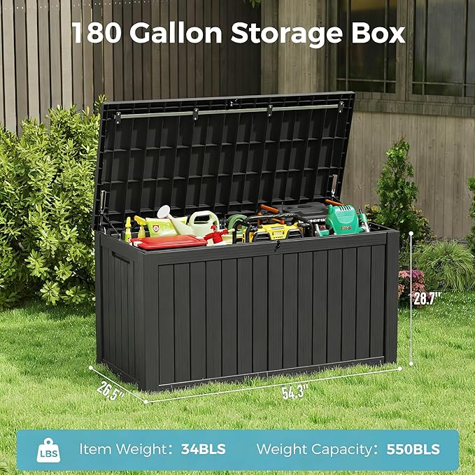 Outdoor Storage Box, Resin Deck Boxes Indoor and outdoor, Waterproof Storage Box Lockable Lid (Black,180 Gallon)