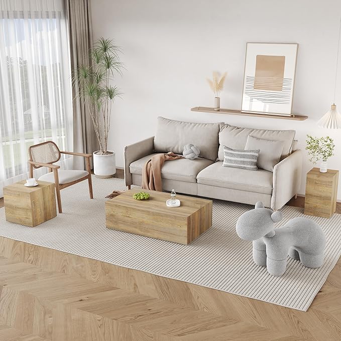 Coffee Table Set for 3, Living Room Table Set, Wood Coffee Table and Side Table