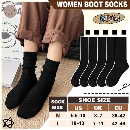 SAVALOS Women Black Merino Wool Slouchy Boot Socks Warm Winter Thermal Slouch Scrunch Cozy Knit Comfy Hiking Work Gifts Socks 5 Pairs Stocking Stuffers(Black,Medium)