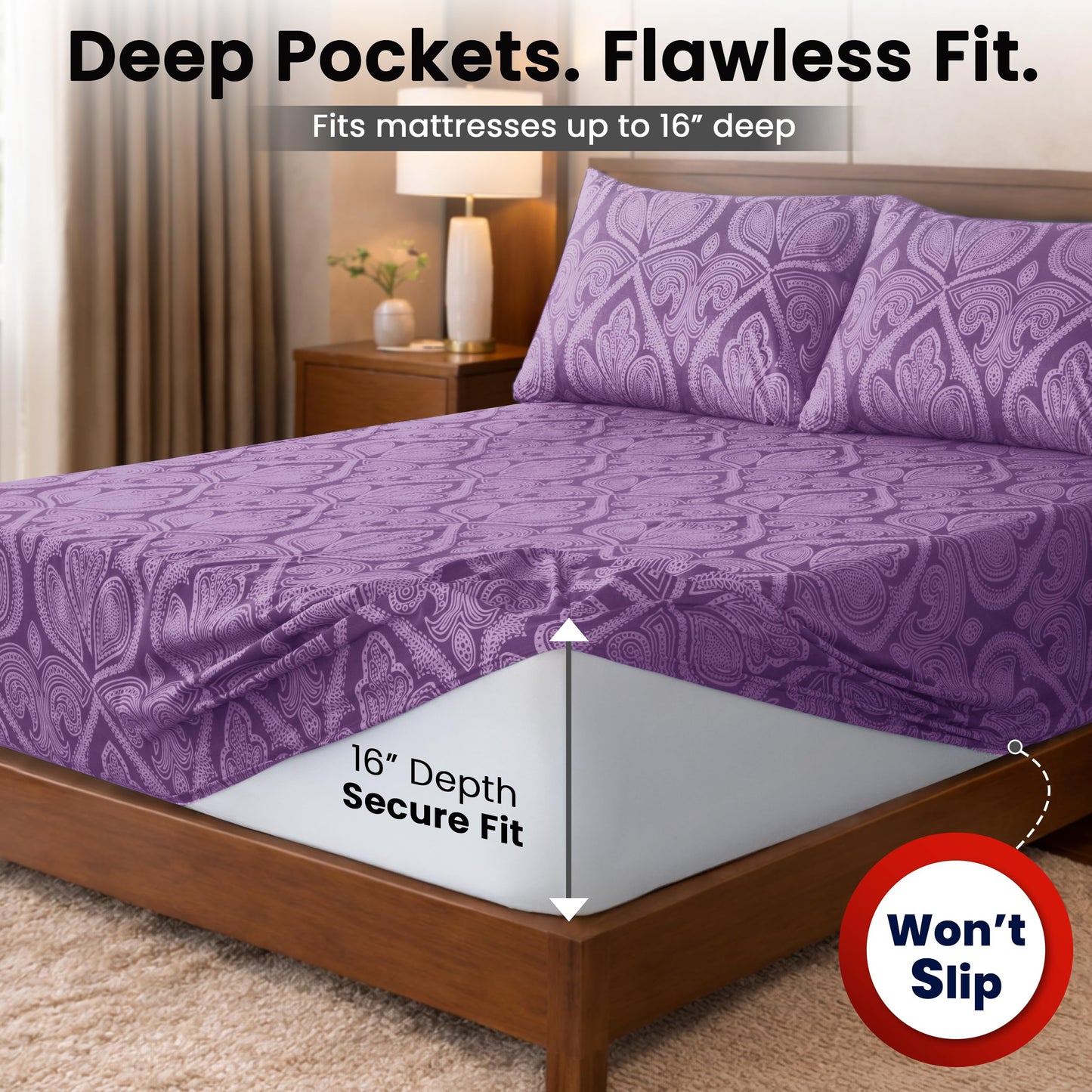 Ultra Soft Wrinkle-Free Microfiber Paisley King Sheet Set, Cute Floral Pattern Boho Print – 16" Deep Pocket Fitted Sheet, Flat Sheet & 4 Pillowcases, Breathable, OEKO-TEX - Purple