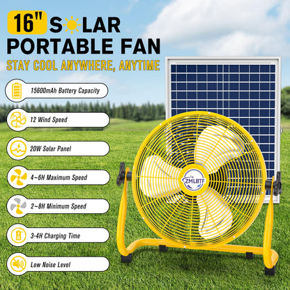 ZMLBTF 16" Solar Powered Fan with 20W Solar Panel & Rechargeable Battery, Portable, Quiet 12 Speed, 360° Tilt Head for Outside, Camping, Travel, Greenhouse, Chicken Coop, Patio, gazebo (Yellow)