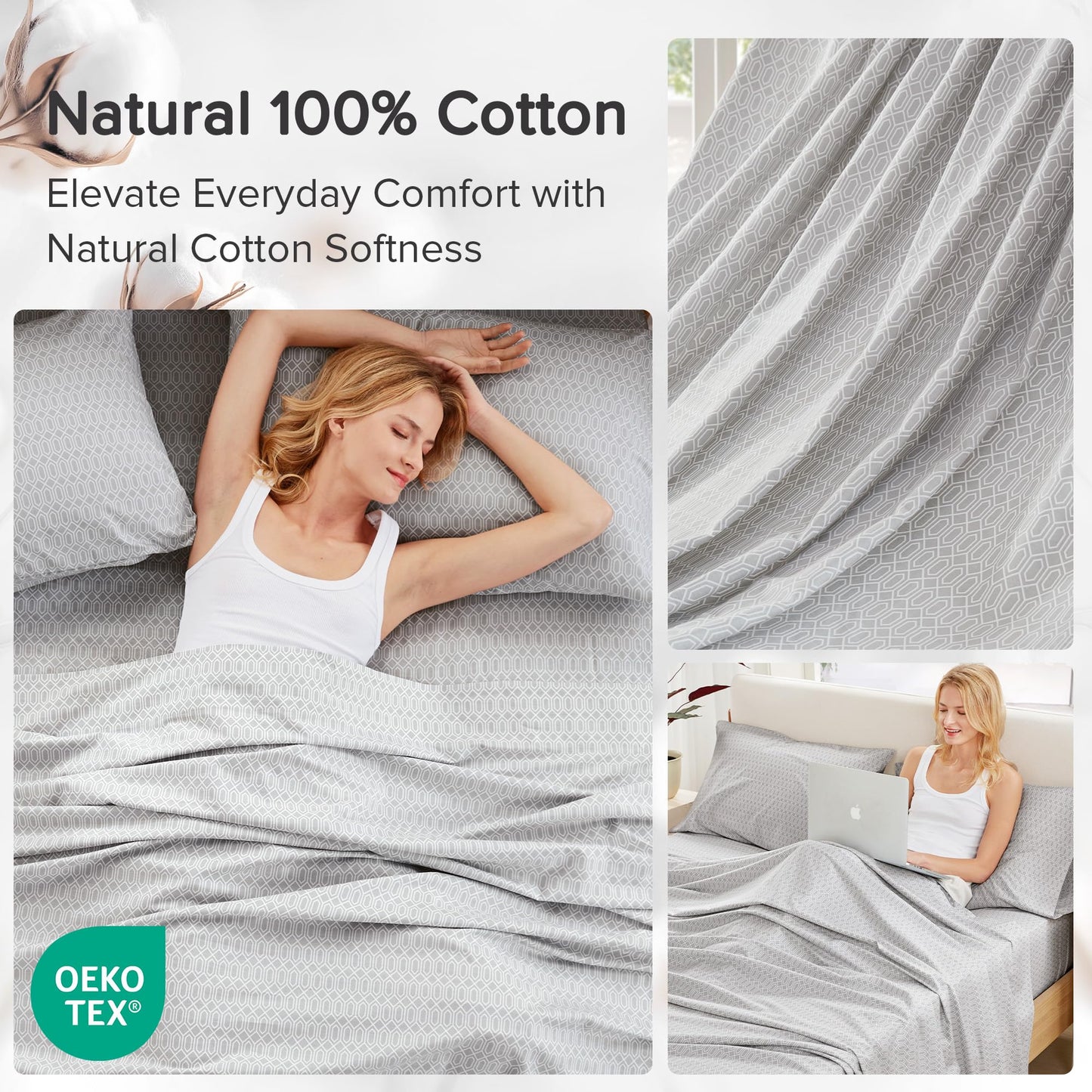 Comfort Spaces 100% Cotton Sheet Set Breathable, Lightweight, Soft with 14" Elastic Pocket Fits up to 16" Mattress, All Season Cozy Bedding, Matching Pillow Case, King Diamond Taupe 4 Piece