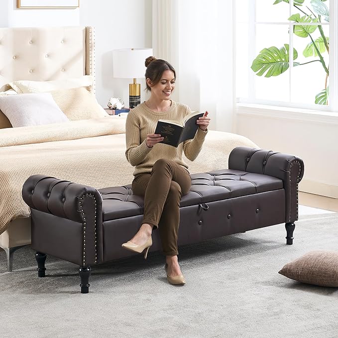 Storage Bench for Bedroom, Faux Leather King Size Bench