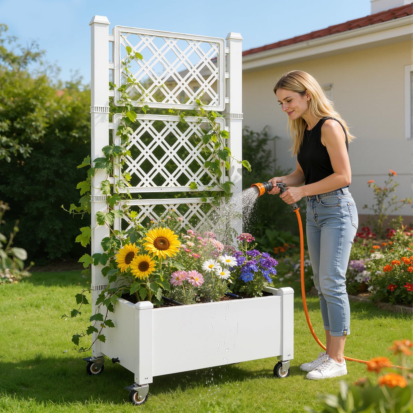 Miory 60" Raised Garden Bed with Trellis & Wheels, Vertical Gardening Planter Box with Water Level Indicator and Drainage System for Garden Outdoor Patio Balcony