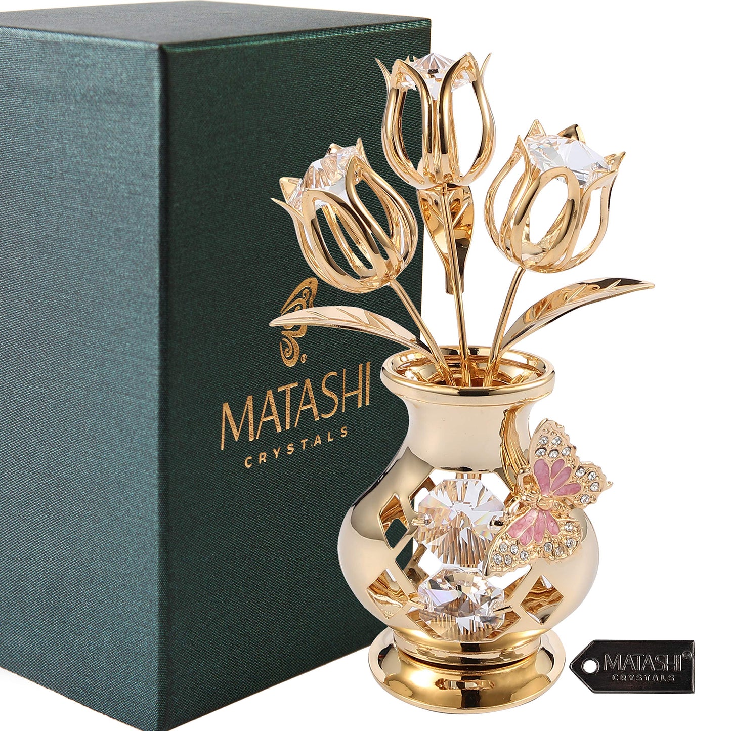 Matashi 24K Gold Plated Crystal Flower Figurine with Clear Crystals & Butterfly – Luxury Decorative Tulip Statue, Elegant Tabletop Home Décor, for Mother's Day, Valentine's Day, Christmas