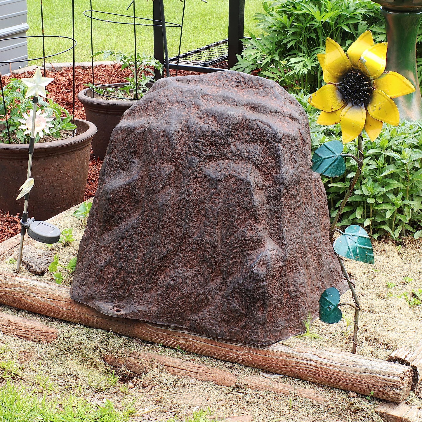 Sunnydaze 21.5” H Large Faux Landscape Rock Cover - Lightweight Polyresin Fake Rock Well Pump Cover for Outside – Realistic Natural Texture – Brown