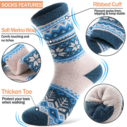 ANTSANG Merino Wool Socks for Women Hiking Warm Thick Thermal Winter Boot Comfy Crew Cozy Cabin Heavy Work Snow Soft Ladies Socks 5 Pairs Christmas Stocking Stuffer White Elephant Gifts (Snowflake A)