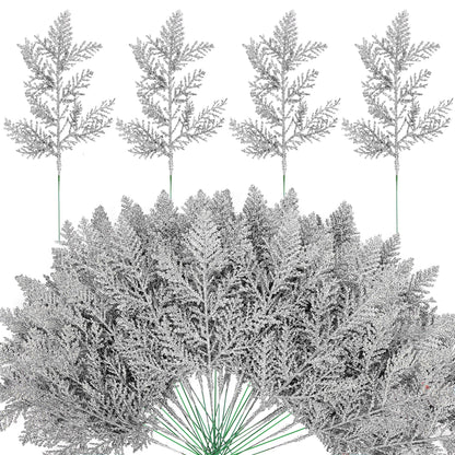 Watayo 45 Pcs Glitter Artificial Pine Needles- 10.6" Fake Foliage Pine Stems Picks- Silver Leaves Artificial Flowers Picks for Christmas DIY Garland Wreath Home Garden Decoration