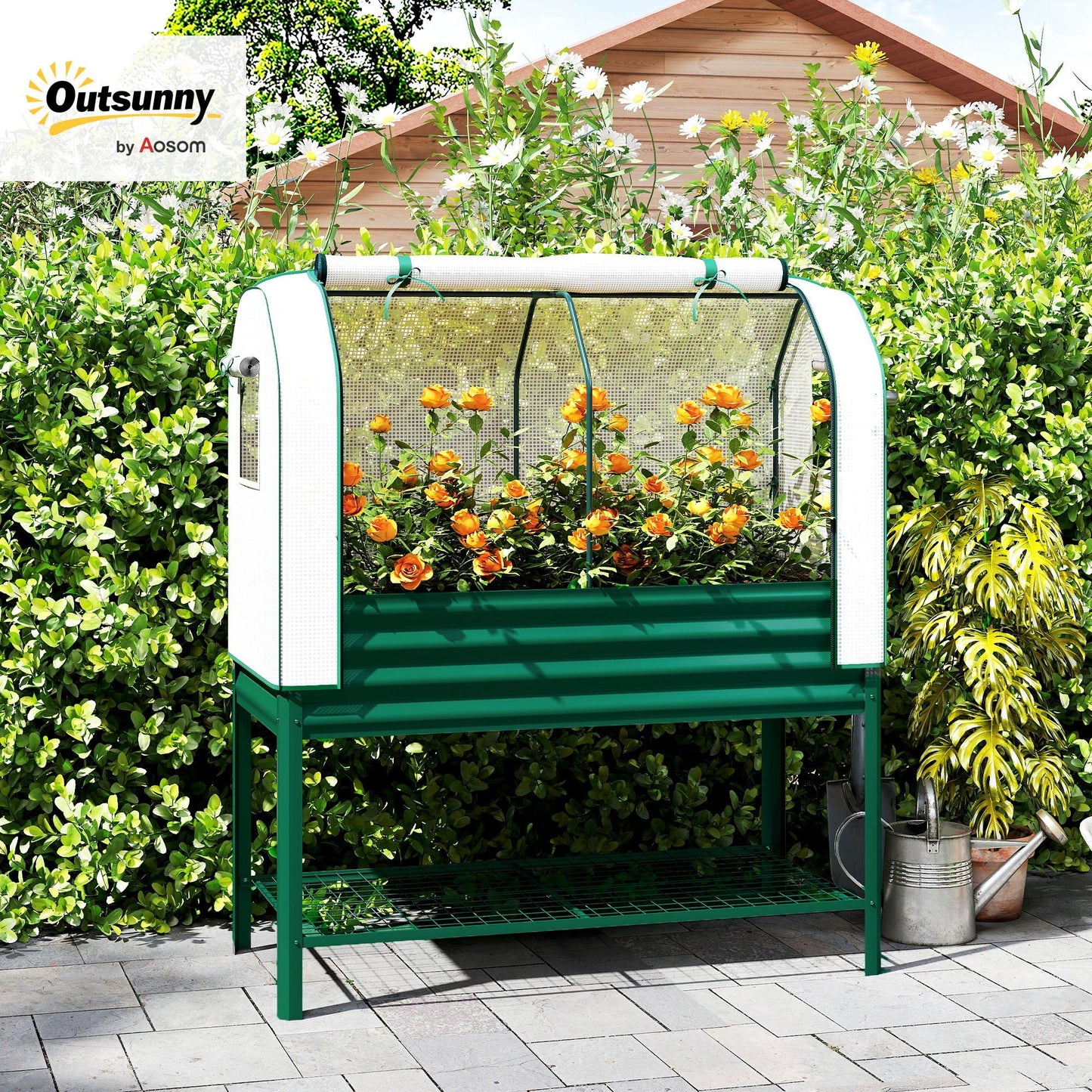 Outsunny Galvanised Raised Garden Bed with Greenhouse Cover, Metal Elevated Garden Bed with Legs, Bed Liner and Bottom Shelf, Outdoor Raised Planter Box for Vegetables, Herbs, Flowers, Green