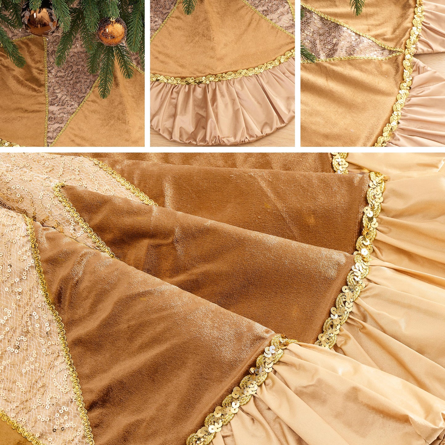 Valery Madelyn Christmas Tree Skirt for Tree Decorations, 60 inch Luxury Sparking Gold Large Xmas Velvet Tree Skirt with Starshaped Sequins Pattern & Ruffle Trim for Chritmas Decor