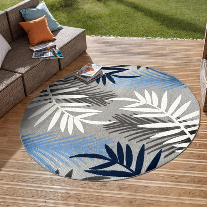 Rugshop Blue Palm Frond Indoor/Outdoor Round Area Rug Easy Cleaning for Patio, Deck and Seating Area, 6' Round