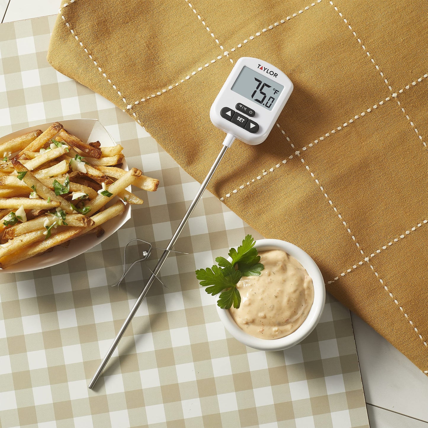 Taylor Programmable Digital Candy and Deep Fry Thermometer with Green Light Alert Display, Long Stem, and Adjustable Pan Clip, White