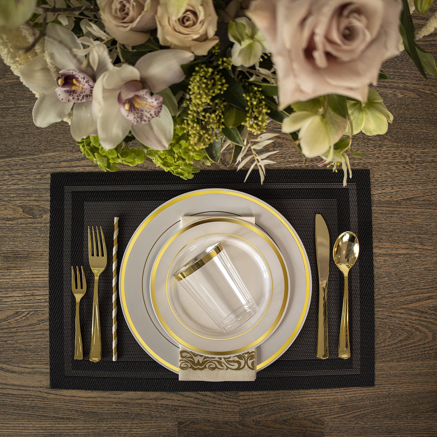 Two Sets of 225 Pcs Gold Rim Disposable Plastic Dinnerware + Plastic Table Cloth Roll | 54 in x 108 Ft Waterproof Table Cover for Wedding, Luxurious Party (Total of 50 Guest)