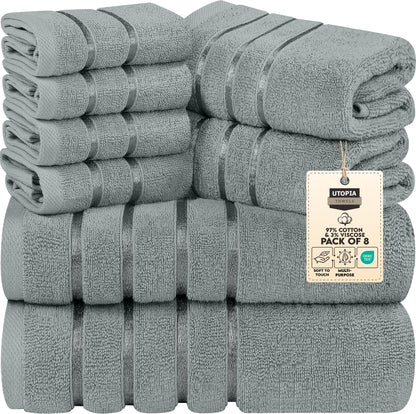 Utopia Towels 8-Piece Luxury Towel Set, 2 Bath Towels, 2 Hand Towels, and 4 Wash Cloths, 500 GSM, 97% Ring Spun Cotton Highly Absorbent Viscose Stripe Towels Ideal for Everyday use (Cool Grey)