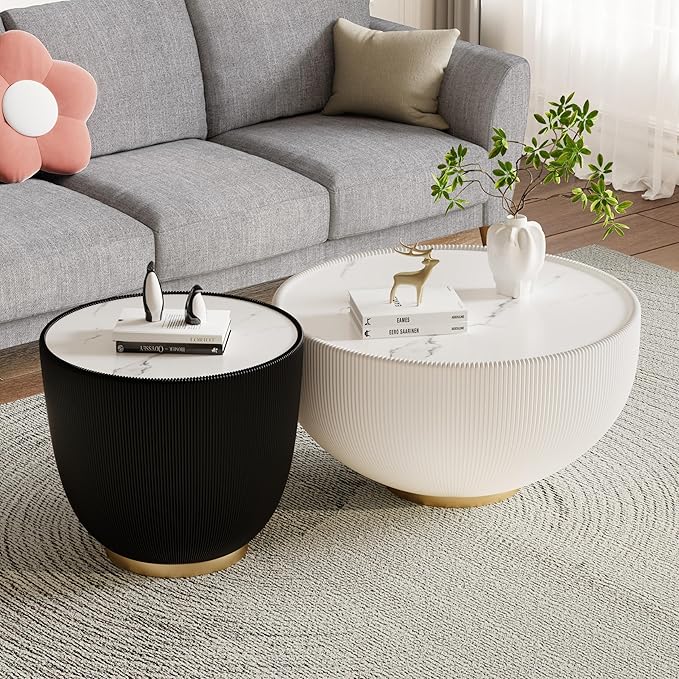 Round Marble Coffee Table Set of 2, 2 Piece Coffee Table and End Table