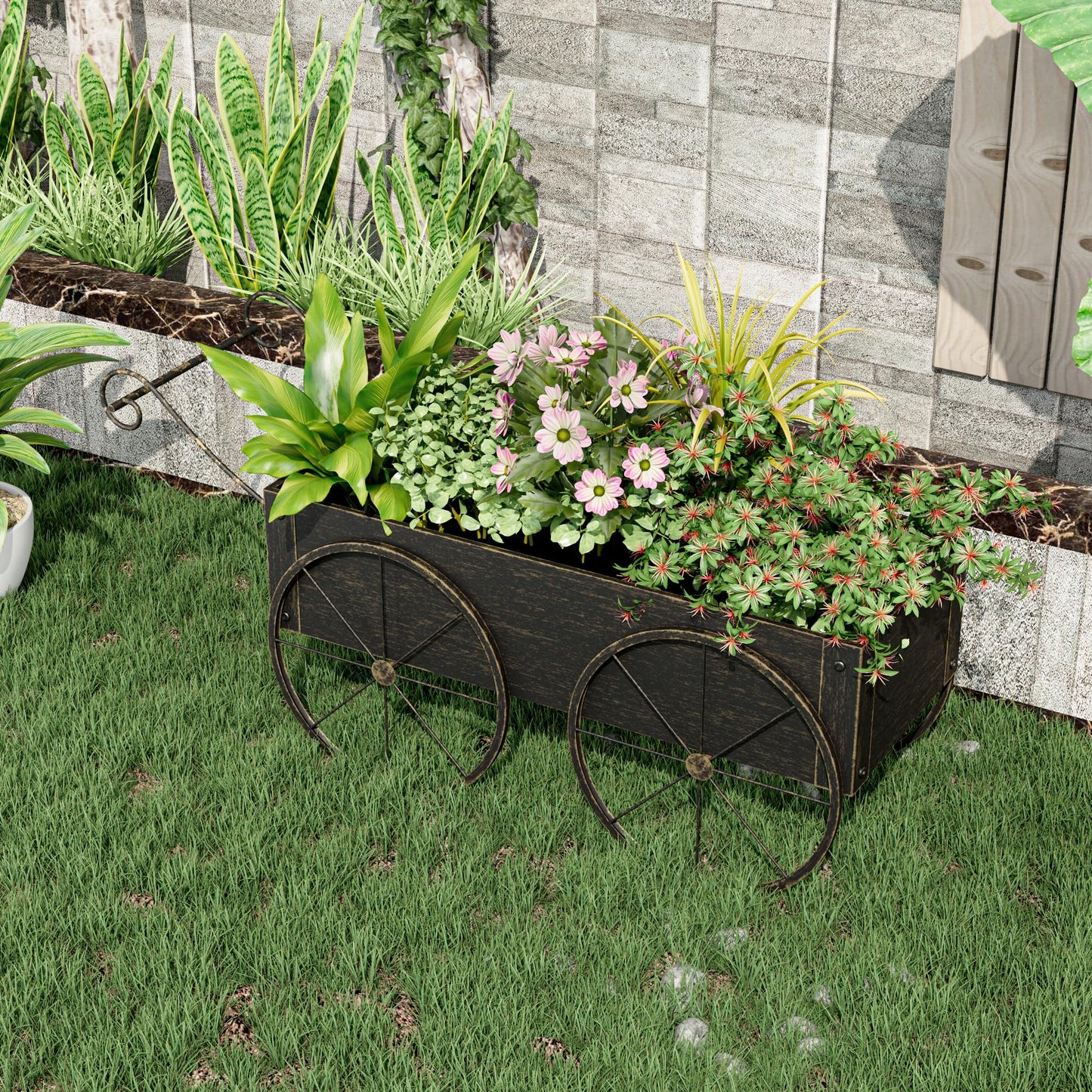 Athuiline Metal Raised Garden Bed with Wagon Wheels, Small Planter Raised Beds, Outdoor Planter Box for Flowers Herbs, Vegetables, Decorative Flower Cart for Patio, Balcony (Retro Gold)