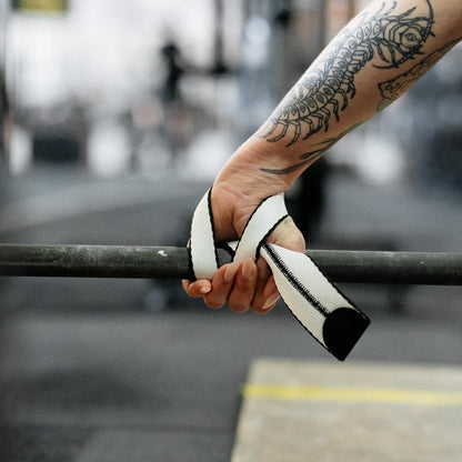 WARM BODY COLD MIND V1 Lifting Wrist Straps for Olympic Weightlifting - Rated at 660 lb - Hand Wraps for Powerlifting, Weight Lifting, Bodybuilding Functional/Cross Training, Deadlift Gym Bar, Cotton (White)
